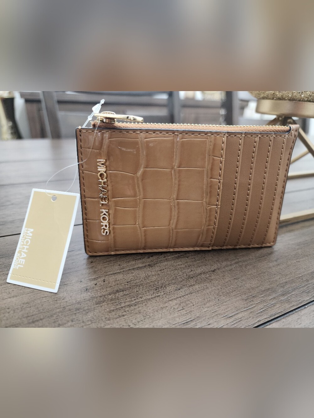 Michael Kors Croc-Embossed Tan Card Holder